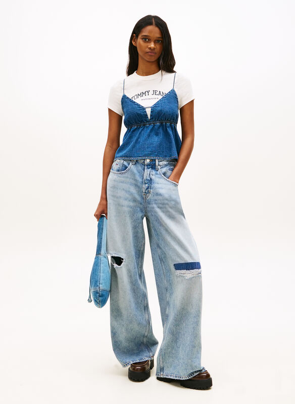 TOP IN CHAMBRAY CON SPALLINE SOTTILI, 1A5 DENIM, medium