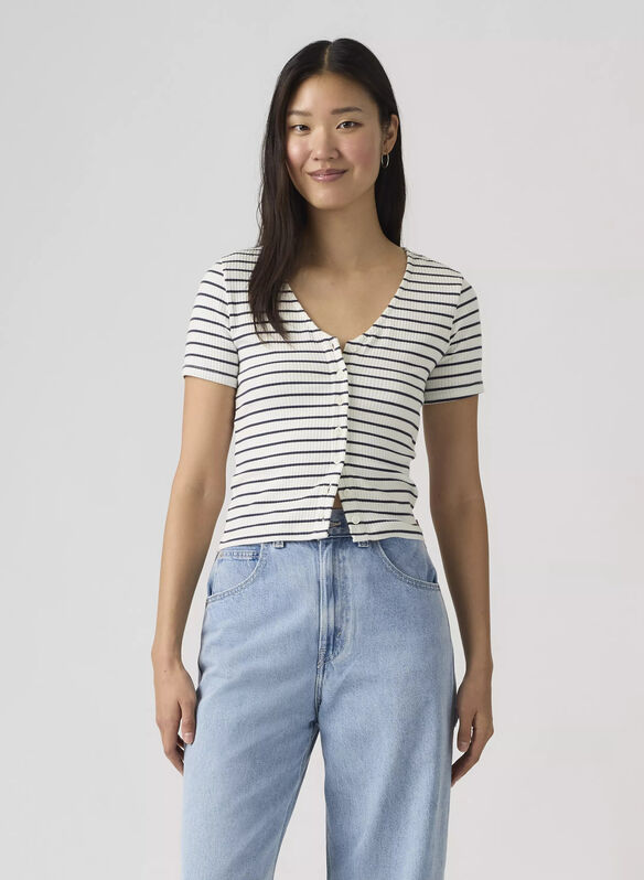 CARDIGAN COSTINA RIGATA, 0030 WHTNVY, medium