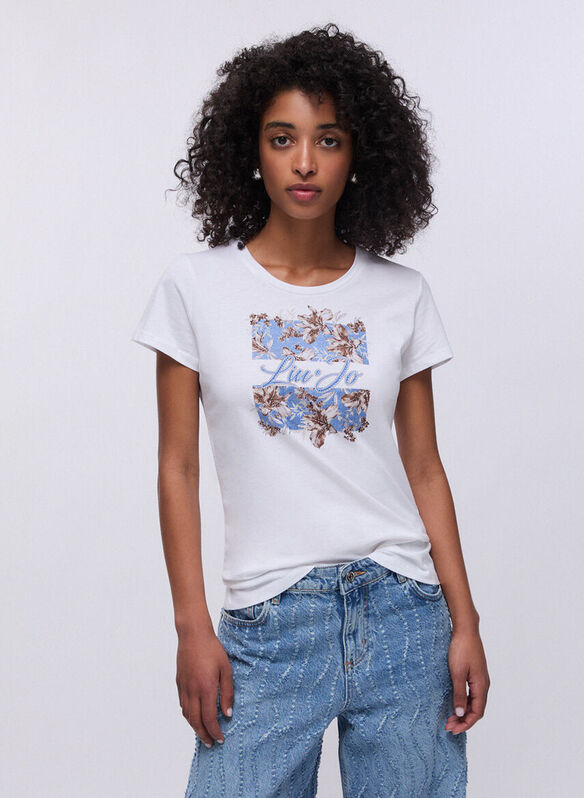 T-SHIRT CON STAMPA E STRASS, P9600 WHTCEL, medium