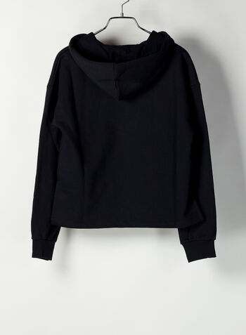 FELPA CROP CON CAPPUCCIO E STAMPA GLITTER, NEROGLITTER, small