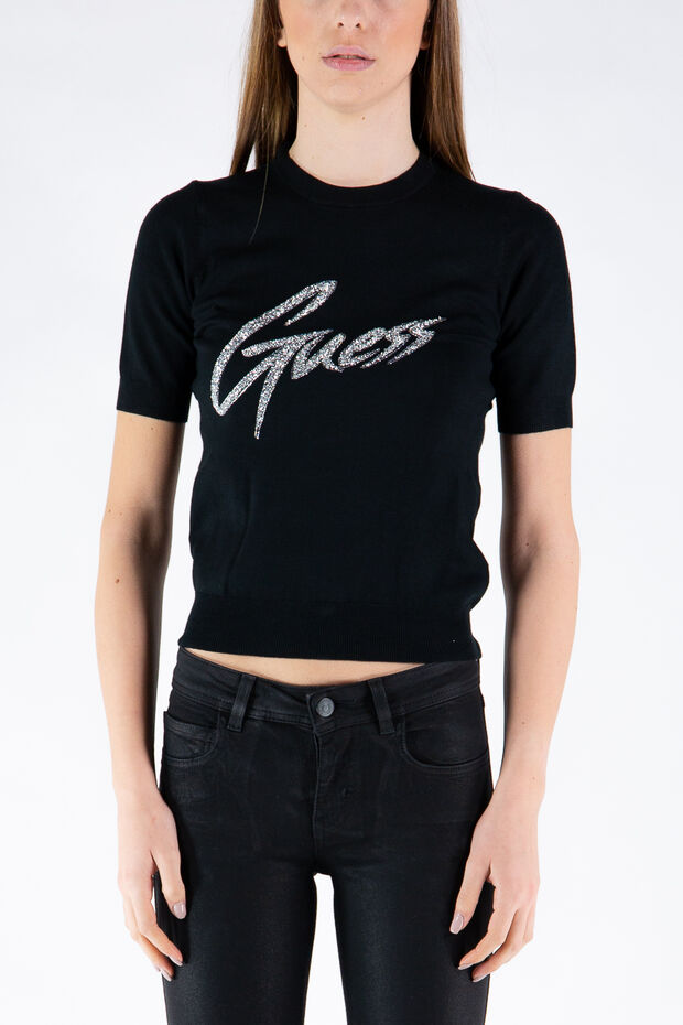 GUESS MAGLIONE MANICHE CORTE LOGO STRASS Grigio, Nero Donna | Sport85