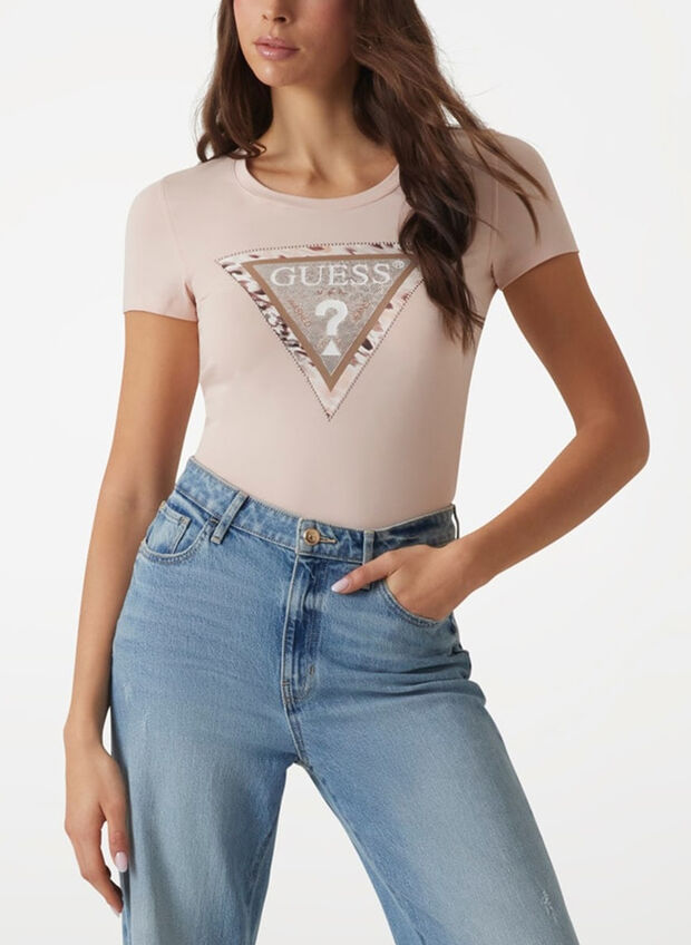 T-SHIRT CON LOGO TRIANGOLO ANIMALIER, G6O3 ROSE, large