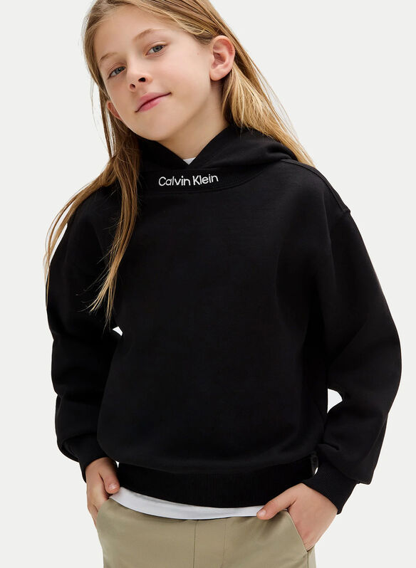 FELPA HOODIE IN FRENCH TERRY CON LOGO RICAMATO RAGAZZO, BEH BLK, medium