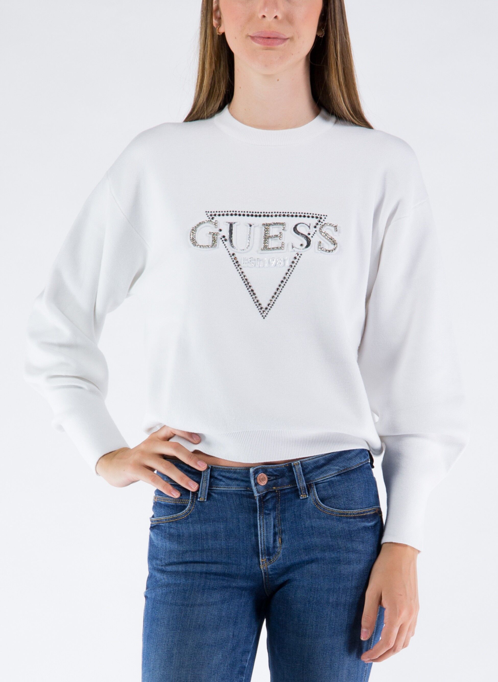 GUESS MAGLIONE LOGO FRONTALE STRASS Bianco Donna | Sport85